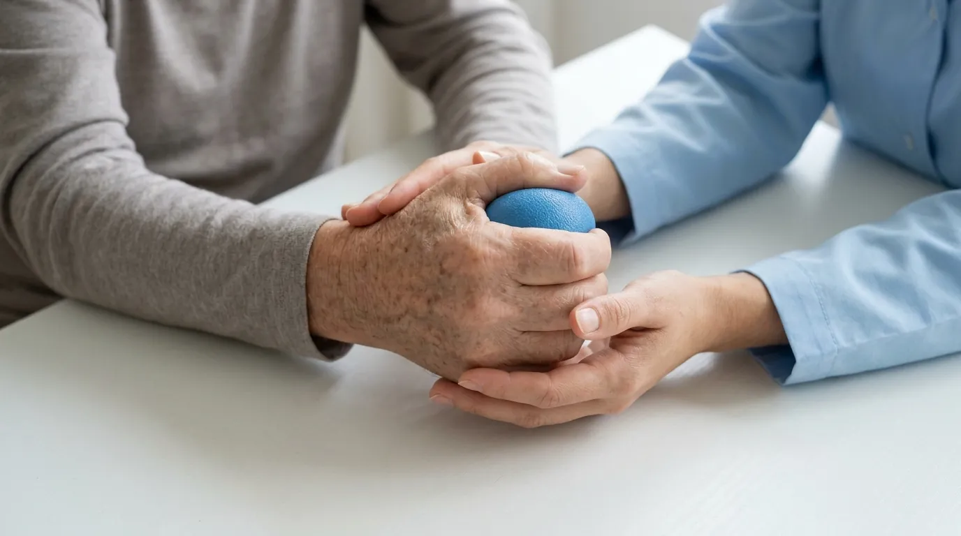 Main d'un homme âgé serrant une balle de rééducation, soutenue par les mains d'une ergothérapeute