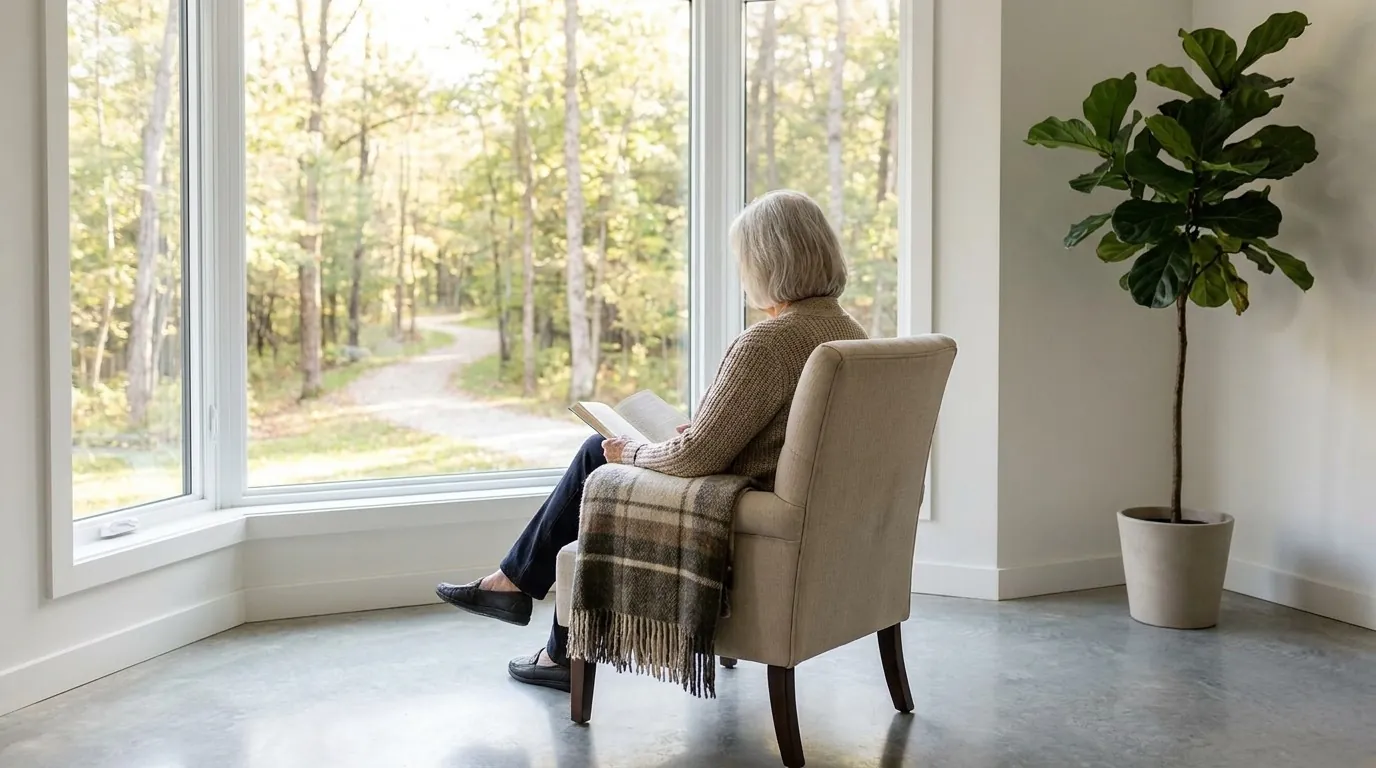 Dame âgée lisant dans un fauteuil, un plaid sur les genoux, devant une grande baie vitrée ouverte sur un bois