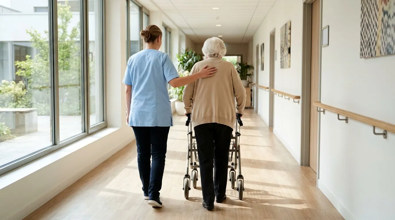 Dame âgée marchant avec un déambulateur dans le couloir d'une maison de repos, accompagnée par une soignante