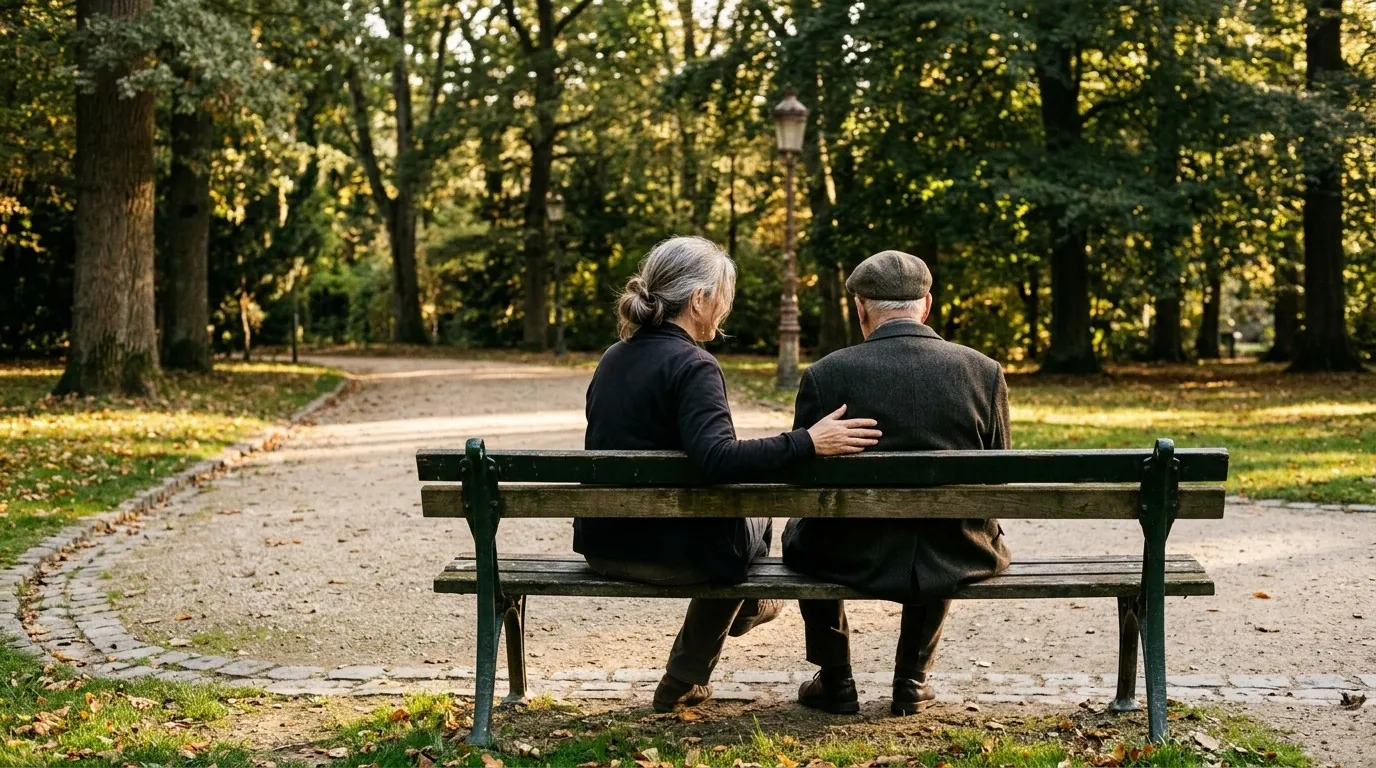 Une fille et son père âgé assis côte à côte sur un banc dans un parc, de dos, la main de la fille posée sur l'épaule de son père