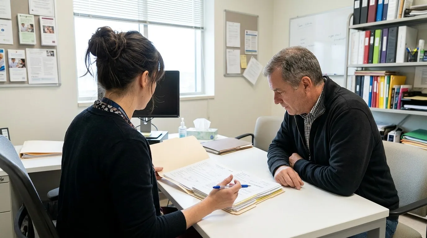 Assistante sociale de l'hôpital examinant un dossier de sortie avec le fils d'un patient dans son bureau
