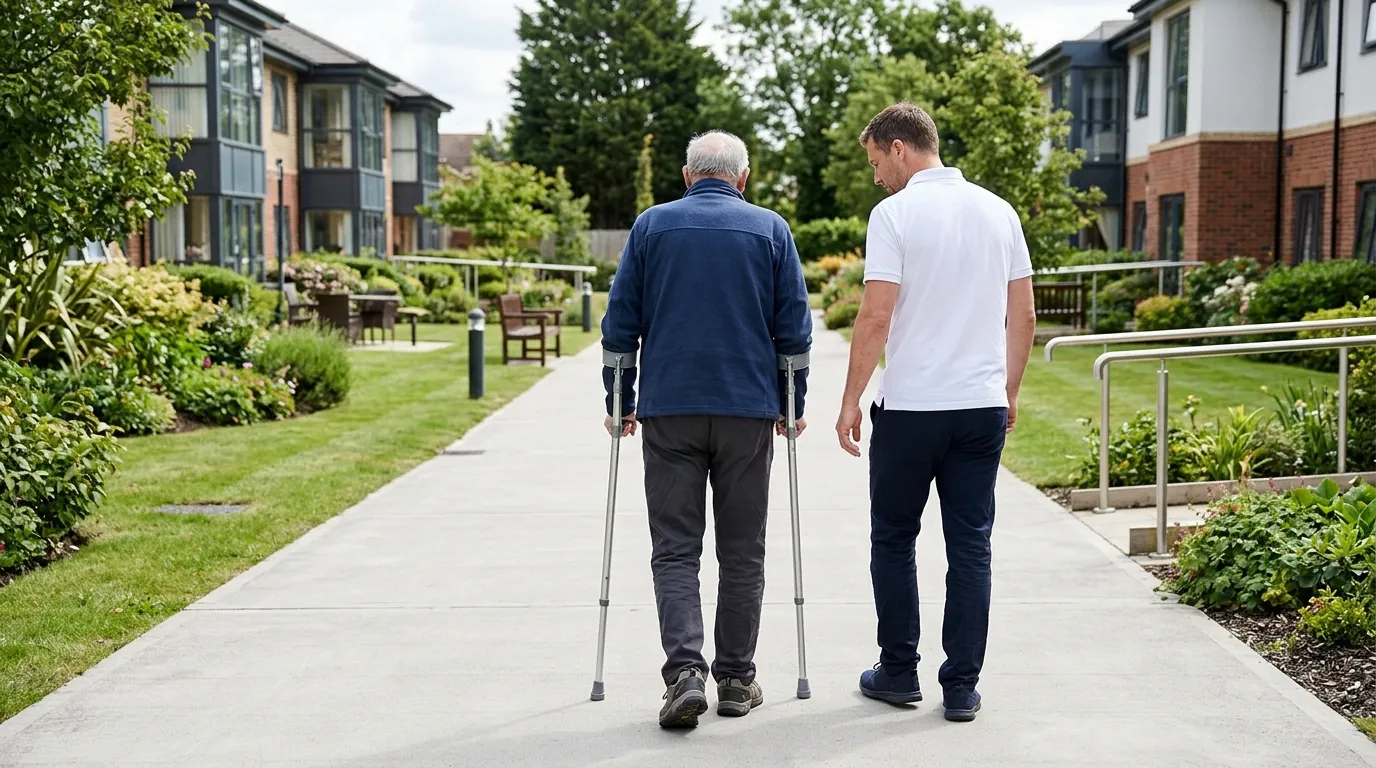 Homme âgé marchant avec deux béquilles dans l'allée d'un centre de soins, accompagné par un kinésithérapeute