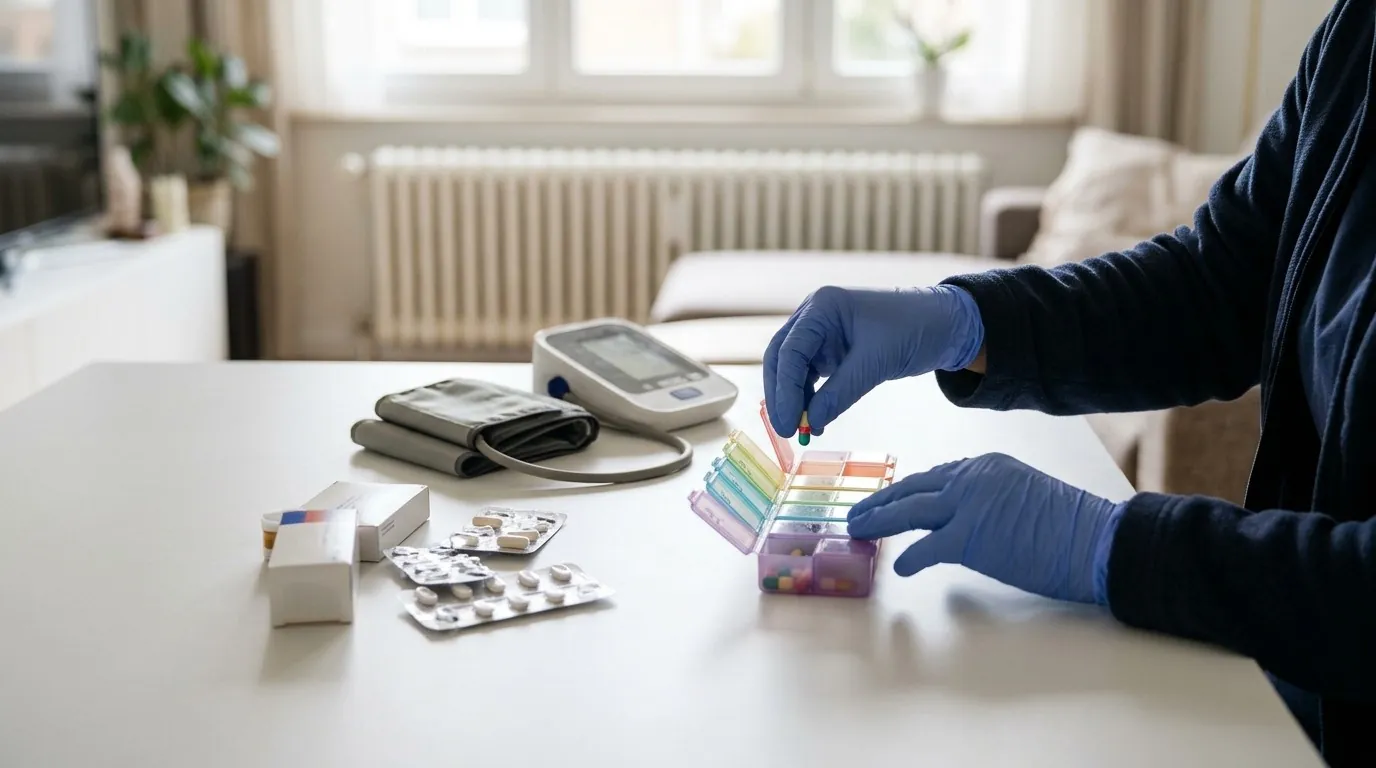 Infirmière à domicile gantée remplissant un pilulier sur une table, tensiomètre à côté, dans un salon lumineux
